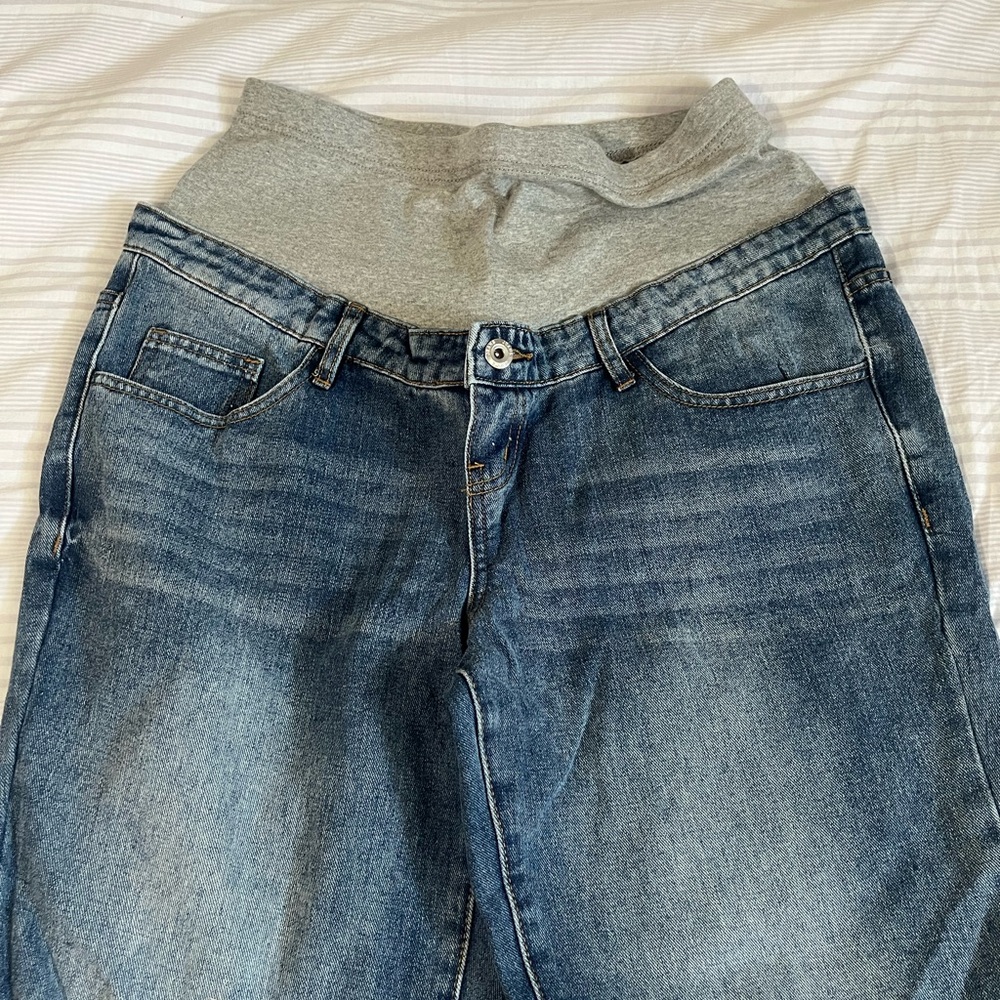 SHEIN Blue Maternity Jeans with Gray Stretch Waistband